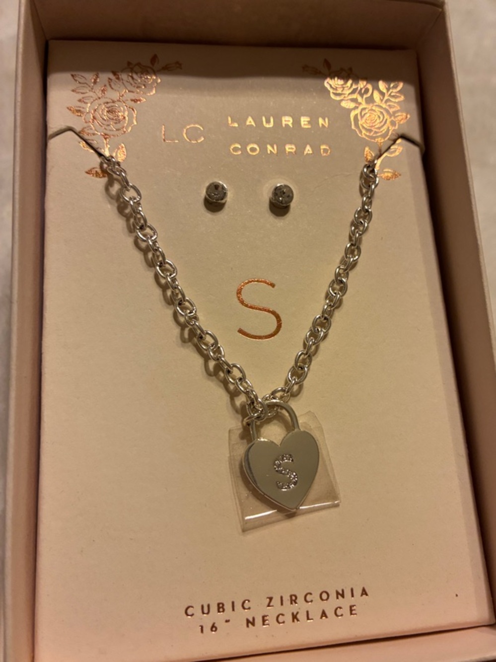 LC Lauren Conrad Silver Heart Necklace with 'S' Initial and CZ Post Earrings